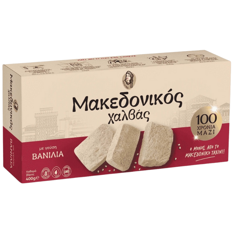 Makedonikos Halva Vanille (400g) Haitoglou von Haitoglou bei Araxxon  - Hochwertiges griechisches Produkt.   Makedonikos Halva Vanille (400g) Haitoglou από Haitoglou στο Araxxon  - Αυθεντικό ελληνικό προϊόν.